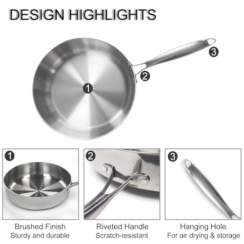dosun 11 Inch Stainless Steel Frying Pan Set, 2-Piece Skillet with Glass Lid - One Non-Stick Coating & One Uncoated Pan for Home Kitchen, Stovetop Compatible (Induction, Gas, Electric) — view 4