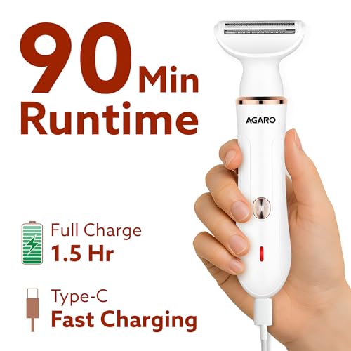 Image of AGARO Female Multi Trimmer 3117 - Facial Hair Removal Machine, Bikini Trimmer, Eyebrow & Nose Hair Trimmer Painless body hair trimming. Type-C charging, up to 90 minutes runtime,White.