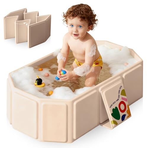 Bañera plegable para bebés con tapón de drenaje, 75 × 45 cm, lavabo portátil para recién nacidos y niños pequeños, diseño antideslizante, bañera de plástico sin BPA, color blanco crema