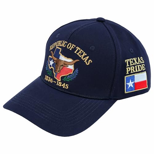 YVCEJORX Republic of Texas Hat - Heavyweight Structured Cotton Baseball Cap, Raised 3D Longhorn Embroidery, Texas Pride Side Patch, Premium Brass Buckle Large Fit, 1836 Gifts for Men (Navy Blue)