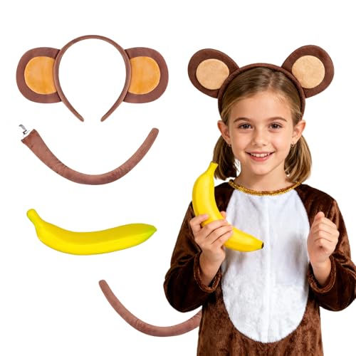 QITHGYD Affenkostüm Kinder Set lustiges Tierkostüm Zubehör mit affen Ohren Haarreif Schwanz & Banane Requisite ideales Kostüm Affe für Karneval Theater Schule & Familienparty