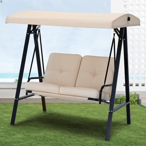 UNIONLINE 2 Seater Garden Swing Chair, Outdoor Swing Chairs Thick Padded Seat with Adjustable Tilting Canopy, Hammock Chair Bench For Garden/Balcony/Terrace/Patio(Beige)