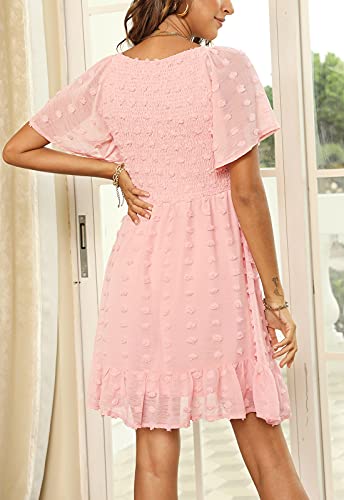 Zattcas Womens 2023 Spring Summer Beach Boho Swiss Dot Smocked Dress Short Sleeve Mini Graduation Bridal Shower Maternity Wedding Guest Dress Pink M #TOP3
