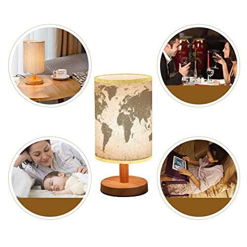 Lopyeijfg Minimalist Bedside Table Lamp Grunge World Map Old World Map Wood Nightstand Lamp Bedside Desk Lamp Wood Base Flaxen Fabric Shade For Bedroom Living Room #TOP4