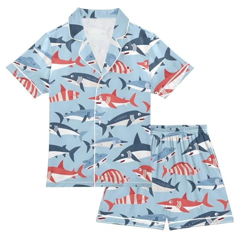 ALAZA Cute Fish on Blue Satin Pajamas Set Short Sleeve Button Down Sleepwear Summer Pjs 2 Piece
