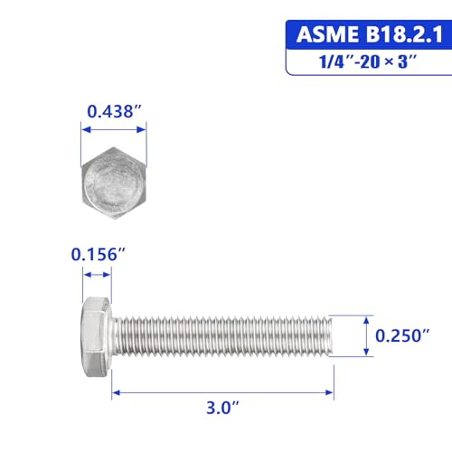 Image of 1 /4 inch-20 x 3 Hex Head Screw Bolt,Fully Threaded,304 Stainless Steel 18-8,UNC Coarse Thread,25 Pcs.