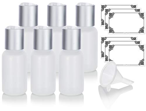 JUVITUS 1 oz/ 30 ml Clear Natural Squeeze LDPE Plastic Bottle with Silver and White Disc Cap (6 pack) + Funnel and Labels
