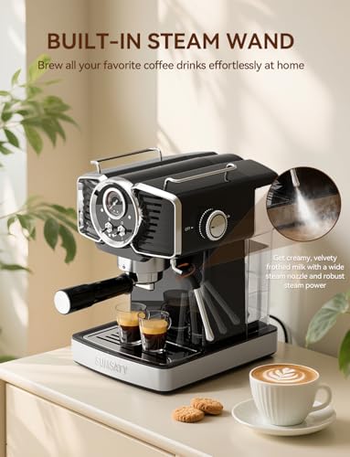 Image of SUMSATY 20 Bar Espresso Machine Retro with Powerful Milk Frother, Black | Visual Pressure Gauge Espresso Coffee Machine 1350W Fast Heating Home Barista for Cappucino Latte Maker, 61oz Water Tank