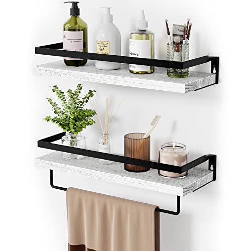 Lot de 2 étagères murales flottantes pour Salle de Bain, Cuisine, Chambre à Coucher, Salle de Bain avec Barre Porte-Serviettes, Blanc Cover