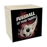 Fußball ist Meine Therapie Spardose aus Holz mit Fußball-Motiv in rot für Fußballfans um auf einen Stadionbesuch zu sparen oder für Kinder als Dekoration für Zuhause