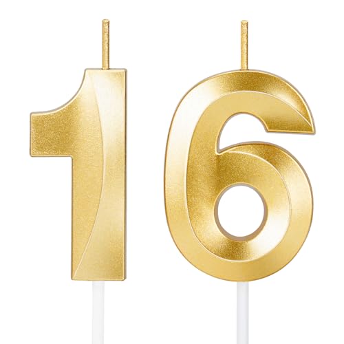 ROYOROYI Sweet 16 Birthday Decorations Gold Number 16 Candles for Cake