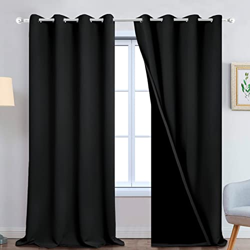 Image of Yakamok 100% Blackout Lined Panels, Room Darkening Thermal Insulated Blackout Curtains for Bedroom, Heat Blocking Drapes for Living Room(52Wx108L, Black, 2 Panels)