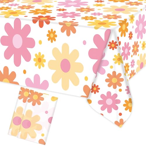 Image of Augisteen Groovy Daisy Tablecloth Plastic Boho Flowers Table Covers Retro Hippies Flower Disposable Rectangle Tablecloths for 70s Boho Birthday Baby Shower Wedding Party 54 x 108 Inch, 2 PCS