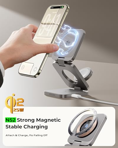 Image of 3 in 1 Charging Station for Apple - Qi2.2 25W Magnetic Wireless Charger for iPhone 17, Apple Watch, AirPods, Travel Fast Charging Foldable Stand with 45W GaN Adapter, Aluminum Alloy Design