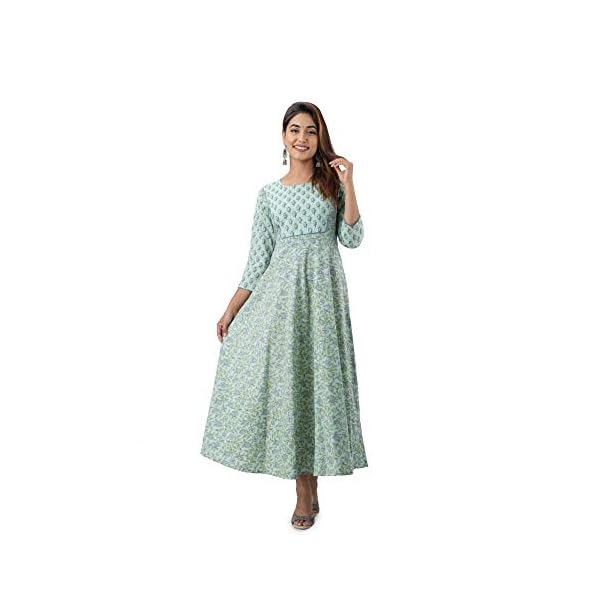 Glam Roots Women's Pure Cotton Printed Flared Kurta(Light Green) - Image 4