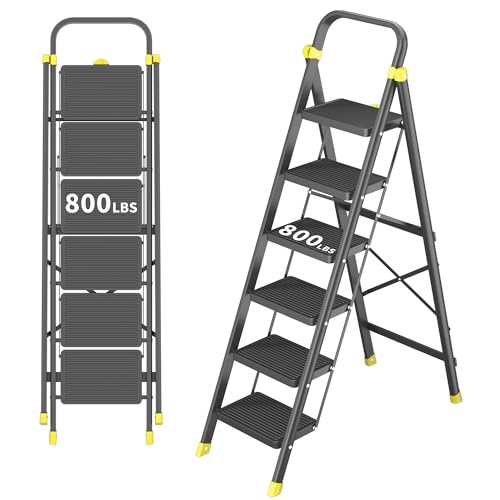 DIAMONDFORGE 6-Step Foldable Step Stool Ladder with Handle Anti-Slip Pedals & Feet 800lbs Capacity for Home Kitchen Adults Black Yellow