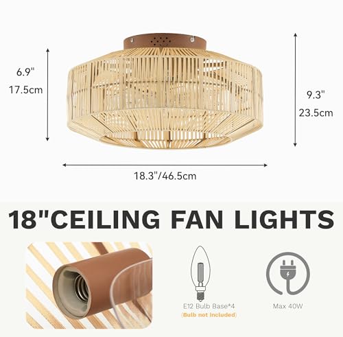 DWVO 18 Inch Boho Caged Ceiling Fan with Lights, Flush Mount Ceiling Fans with Remote, 6 Speeds, Reversible Blades, Enclosed Fan Lights for Living Room, Bedroom, Dining Room, Kitchen