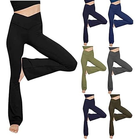 Wsqalllife Women Flared Leggings,Women's Yoga Pants Crossover High Waisted Wide Leg Workout Flare Pants Bootcut Work Pants Dress Pants, #001black, M Cover