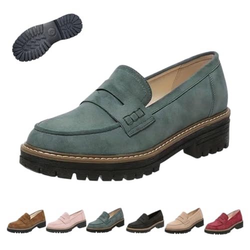 Womens Loafers Shoes Platform Chunky Suede Loafer Orthopedic Platform Chunky Loafers Shoes Comfortable Slip-On Sole Work (Green,