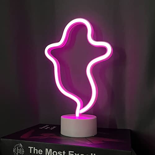 Image of Halloween Ghost Neon Sign With Base Pink Led Light Sign for Wall Decor