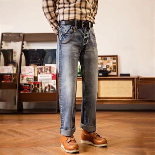Men’S Vintage Loose Fit Straight Selvedge Cotton Full Length Jeans Zipper Fly Midweight Wash Casual Wear Pants2