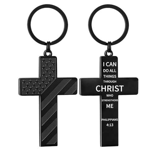 Image of DuoDiner Cross Keychain for Men American Flag Bible Verse Christian Gifts