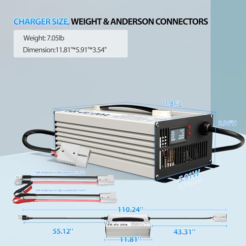Image of 58.4V 20A LiFePO4 Lithium Battery Charger Lifepo4 Charger 48v 20A smart Battery Charger Lithium lron Phosphate Batteries Charger with LCD & LED for Golf cart Battery RV Off-Grid Solar