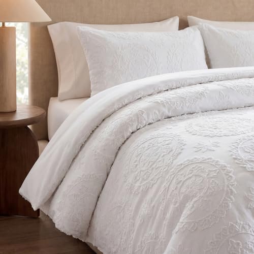 Herside Boho Tufted Duvet Cover Set Double White Farmhouse Bedding Set Lightweight Circular Tufted Design Farmhouse Quilt Cover Microfibre Bedding Cover Set All Season with 2 Pillowcases