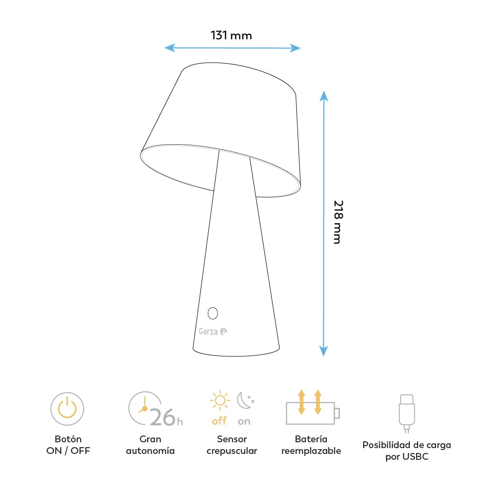 Garza Lampa solarna LED, 500 lm, ciepłe światło 3000 K, podwójne ładowanie (Solar i USB-C), 26 godzin autonomii, 4 tryby oświetlenia, IP44, odporna na działanie na zewnątrz i wewnątrz