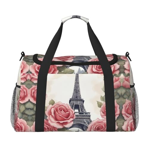 Eiffel Tower Rose Flower Foldable Travel Duffel Bag Tote Carry On Luggage Bag For Weekend Getaways, For Spontaneous Trips