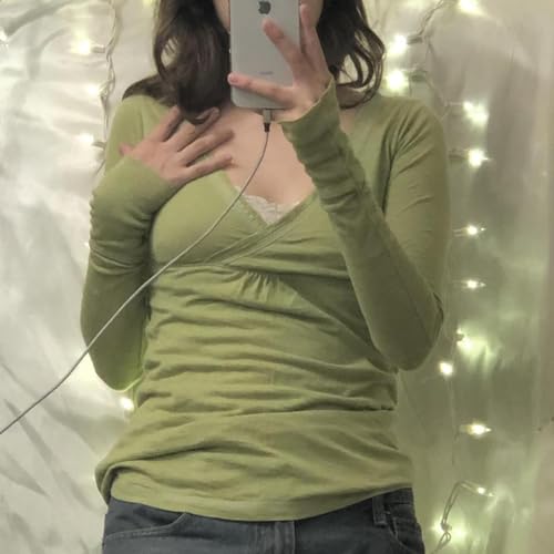 Image of Women Fairy Grunge Aesthetic Shirts Tops Long Sleeve V Neck Tops Girl Basic Slim Fit Blouse Streewear