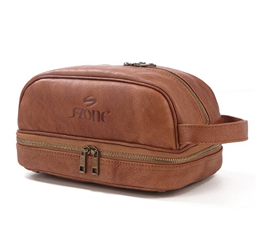 S-ZONE Mens Genuine Leather Toiletry Bag Portable Travel Organizer Shaving Dopp Kit Cosmetic Makeup Case