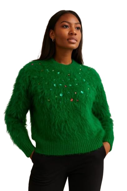 Luxury Embellished Faux Fur Sweater with Multicolour Stone Embellishments, Textured Knit Design (in, Alpha, L, Plus, Green)-image-38