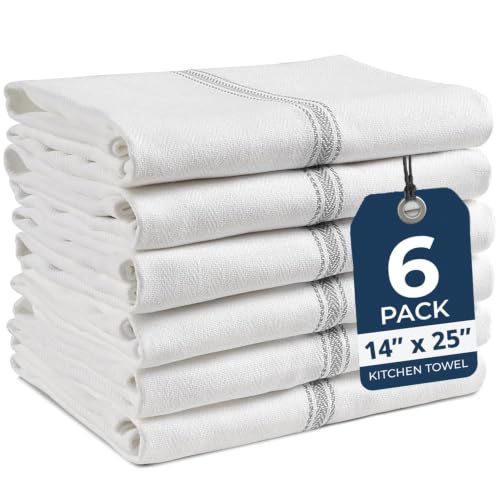 LANE LINEN Kitchen Towel Set, 6 Pack Dish Towels for Kitchen, 100% Cotton Absorbent Tea Towels, Quick Dry, 14'x25', Herringbone Weave, Reusable, Machine Washable, Soft for Drying Dishes - Grey Stripe