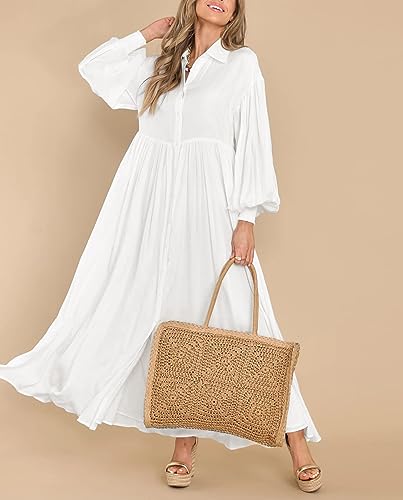 Image of chouyatou Women's Casual Long Sleeve Button Down Shirt Dress Elegant Pleated Flowy Swing Maxi Dress
