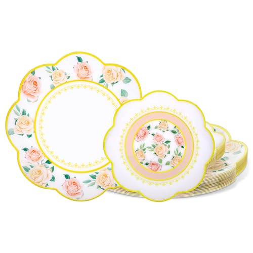 LIYH 24 Pcs Gold Plastic Plates - Heavy Duty Floral Pink Plastic Plates for Party Wedding Elegant Flower Plate Bridal Shower Tea Party - 10.25" Dinner & 7.5" Dessert Plate 12 Guest by LIYH Love in your heart - Used condition - US$24.06