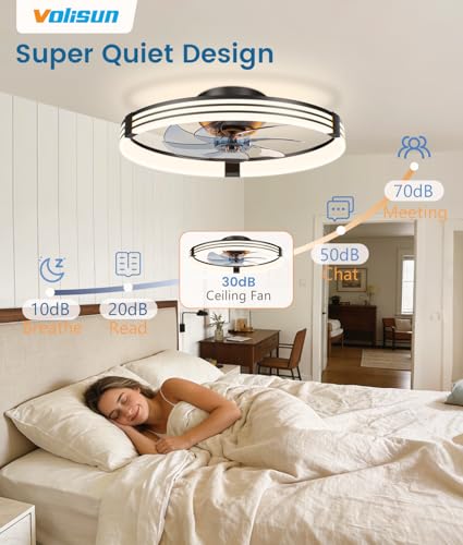 VOLISUN Low Profile Ceiling Fans with Lights and Remote, 20in Flush Mount Ceiling Fan with Light, 3000K-6500K Dimmable Fandelier LED Fan Light, Black Bladeless Ceiling Fans with Lights for Bedroom - image 5