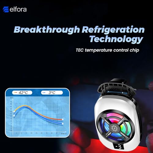 Image of Elfora Gaming Mobile Cooler | Phone Cooling Fan With RGB Lights And Digital Display | Ultra Fast Instant Cooling Fan Compatible With Android & Iphones (White), 6 x 34 Centimeters