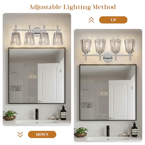 Image of Crystal Bathroom Light Fixtures Over Mirror, Chrome 4-Light Bathroom Vanity Lights Over Mirror Modern Wall Lighting Sconces with Ceramic E26 Base (Bulbs Not Include)
