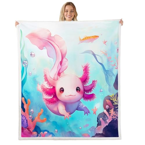 richhome Couverture 130x150cm Mignon Axolotl Couverture Polaire Flanelle Microfibre Océan Vie Marine Plaid Jeté de Canapé Kawaii Personnalisé Dessin animé...