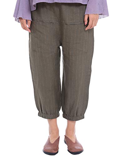 MAYIPLUS Women's Pants Trouser Linen Casual Stiped Capri Pull-On Pants with Pockets(Green,XL)