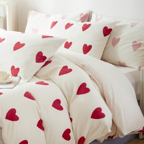Flanell Bettwäsche 140x200 Herzen Rot Weiß Herz Winter Warm Biber Plüsch – Ansicht 3