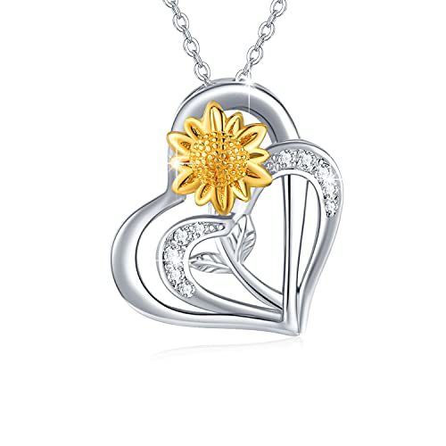 Sunflower Heart Necklace 925 Sterling Silver Double Love Heart Pendant Necklace with 5A Cubic Zirconia Rose Sunflower Necklace Thanksgiving Day/Christmas/Valentine's Day/Mother's Day Jewelry Gift for Women Girlfriend Wife Mom