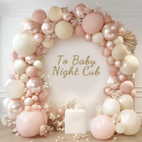 Image of Boho Dusty Pink Balloons Garland Arch Kit, Double Stuffed White Pearl Balloon Blush Neutral Pink Latex Balloons for Birthday Bridal Shower Party Decorations