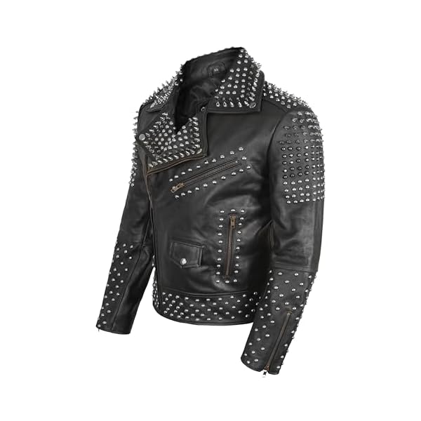 Men’s Brando Biker Rock Punk Studded Spike Black Motorcycle Cowhide Leather Jacket - Image 3
