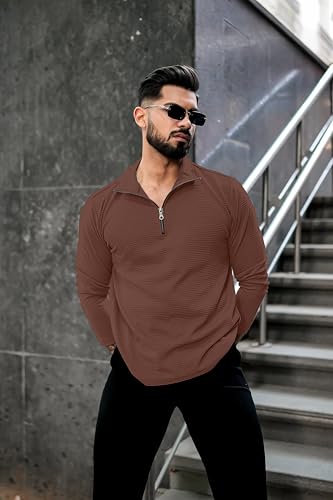 Image of KAJARU Men's Quarter Zip Pullover T-Shirt, Textured Ribbed Long Sleeve, Casual Mock Neck