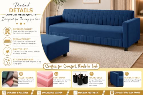 Image of 3 Seater Velvet Sofa with Ottoman | Modern Upholstered Couch | Comfortable Living Room Sofa | Durable & Stylish Seating for Home, Office & Guest Room - Blue Color