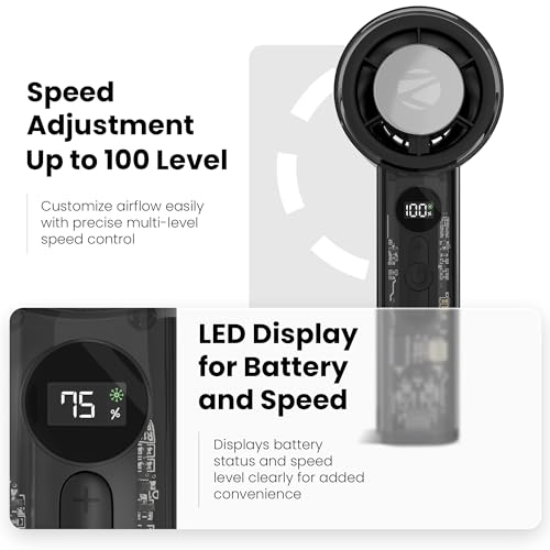 Image of Zebronics Heat Buster 250 Portable Hand Fan, 9000 RPM Speed, Upto 6 Hours Backup, 100 Speed Modes, 3000mAh Battery, LED Display, Battery Indicator, Type-C Charging, Lightweight Design (Black)