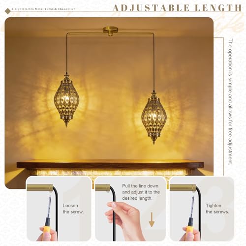 Image of 2-Light Linear Pendant Retro Metal Hanging Chandelier Brushed Brass