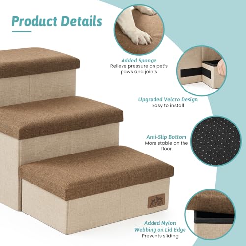 COZY KISS Dog Stair for Small Dogs with Storage, Foldable Pet Step with Leakproof Cover, Older Cat Ramp for Chair Couch Sofa, Lightweight, Comfort (brown, 28.5x17x16.7 inch, 3) - Image 4